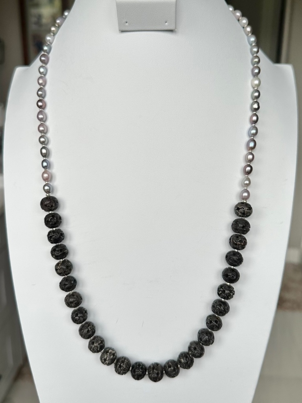 NWT Peyote Bird Free Spirit 26" Carved Black Lava Rock Bead Pearl Necklace 925